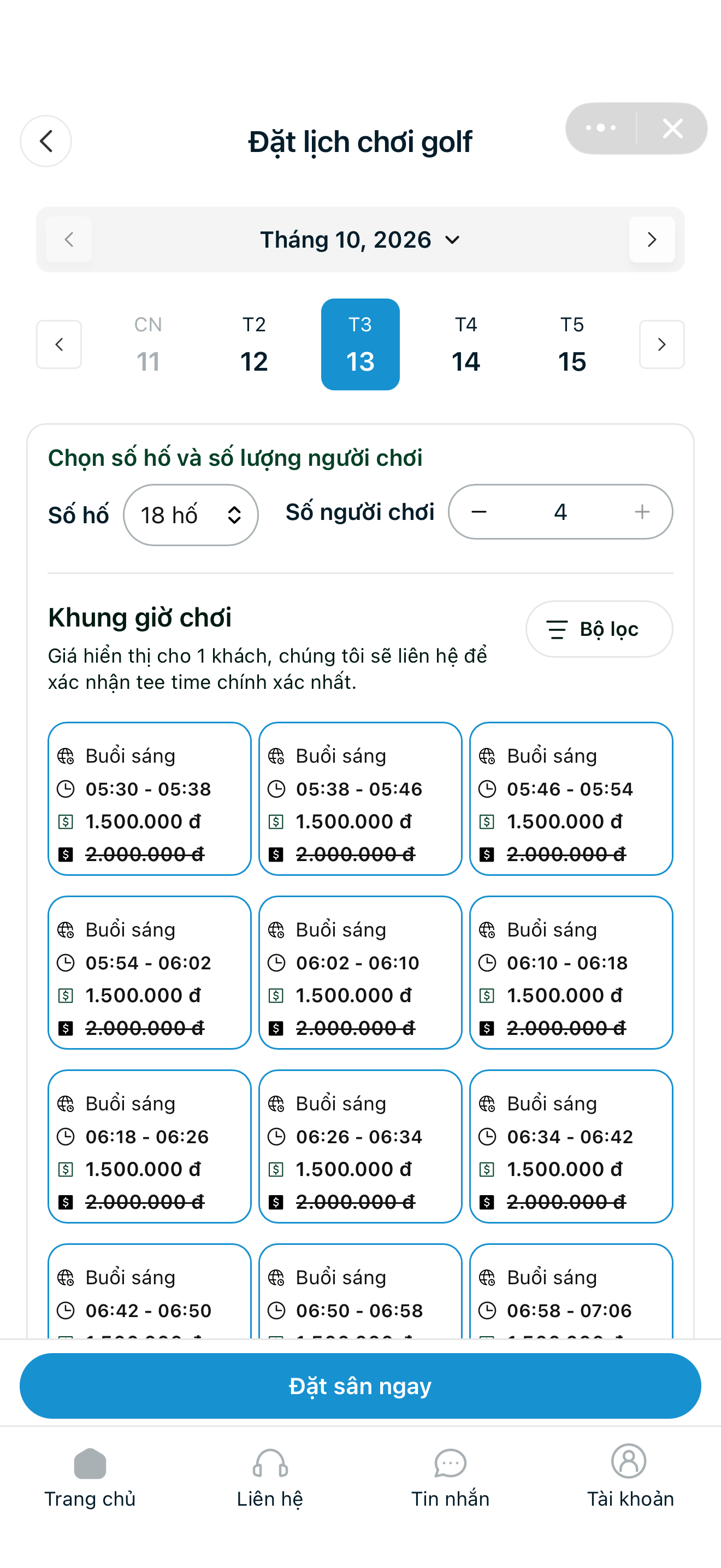 Giao diện đặt lịch chơi golf trên Zalo Mini App Blue Diamond