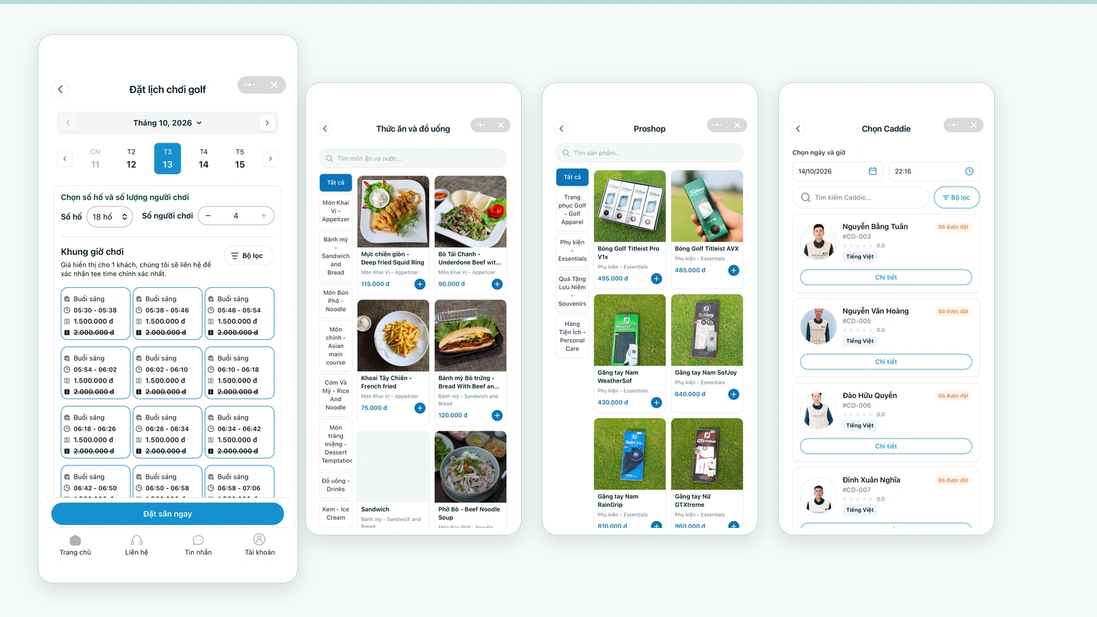 Các màn hình Zalo Mini App Blue Diamond Golf & Resort